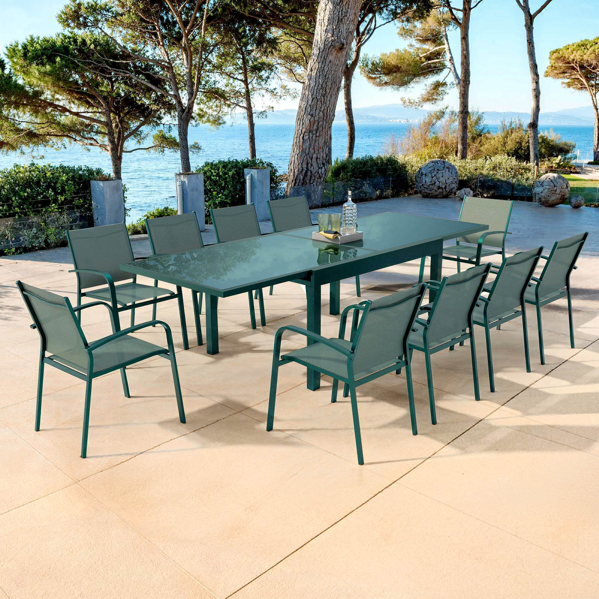 Table de jardin extensible 10 places en verre Murano (270 x 90 cm)