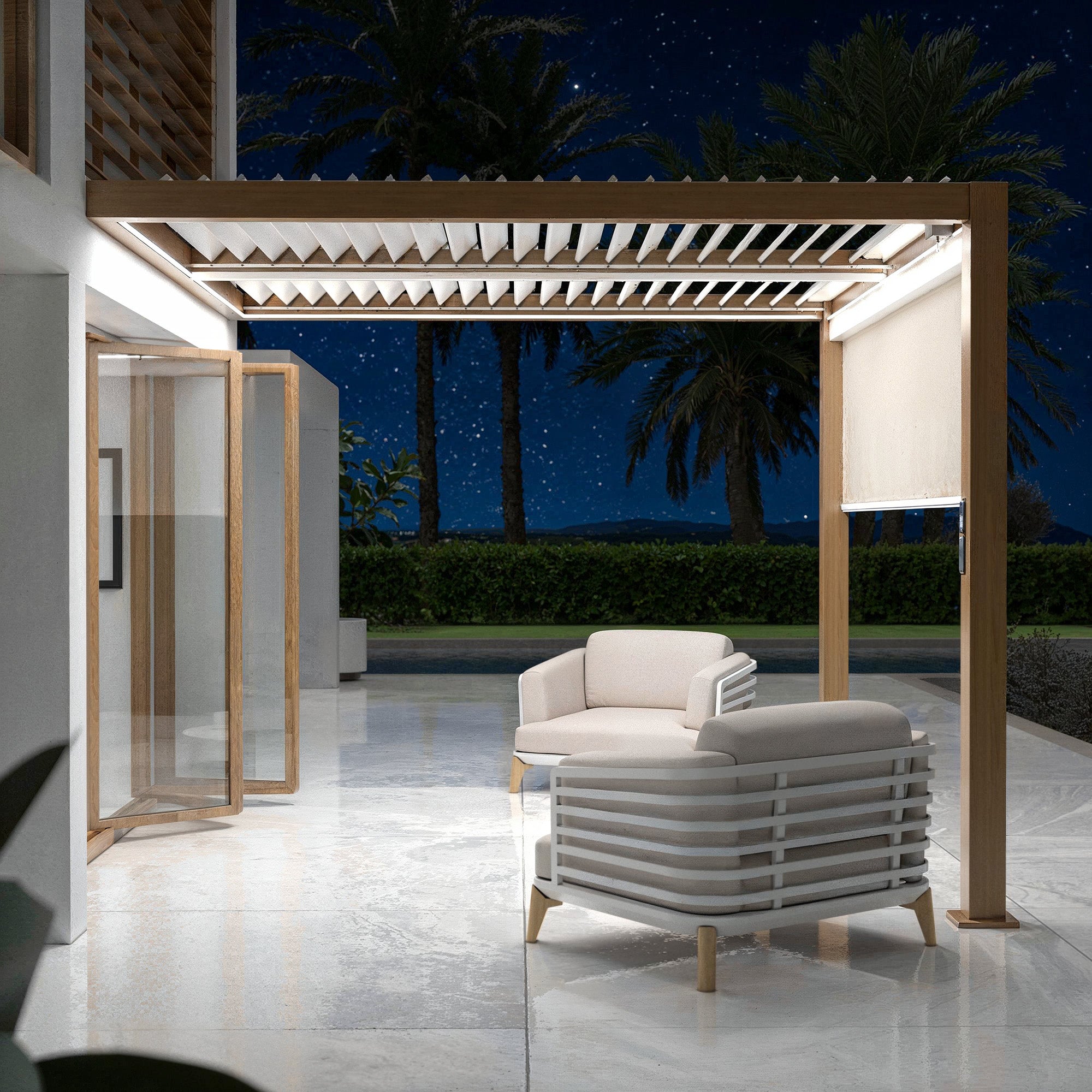 Pergola bioclimatique motorisée et adossée avec LED 3x3m