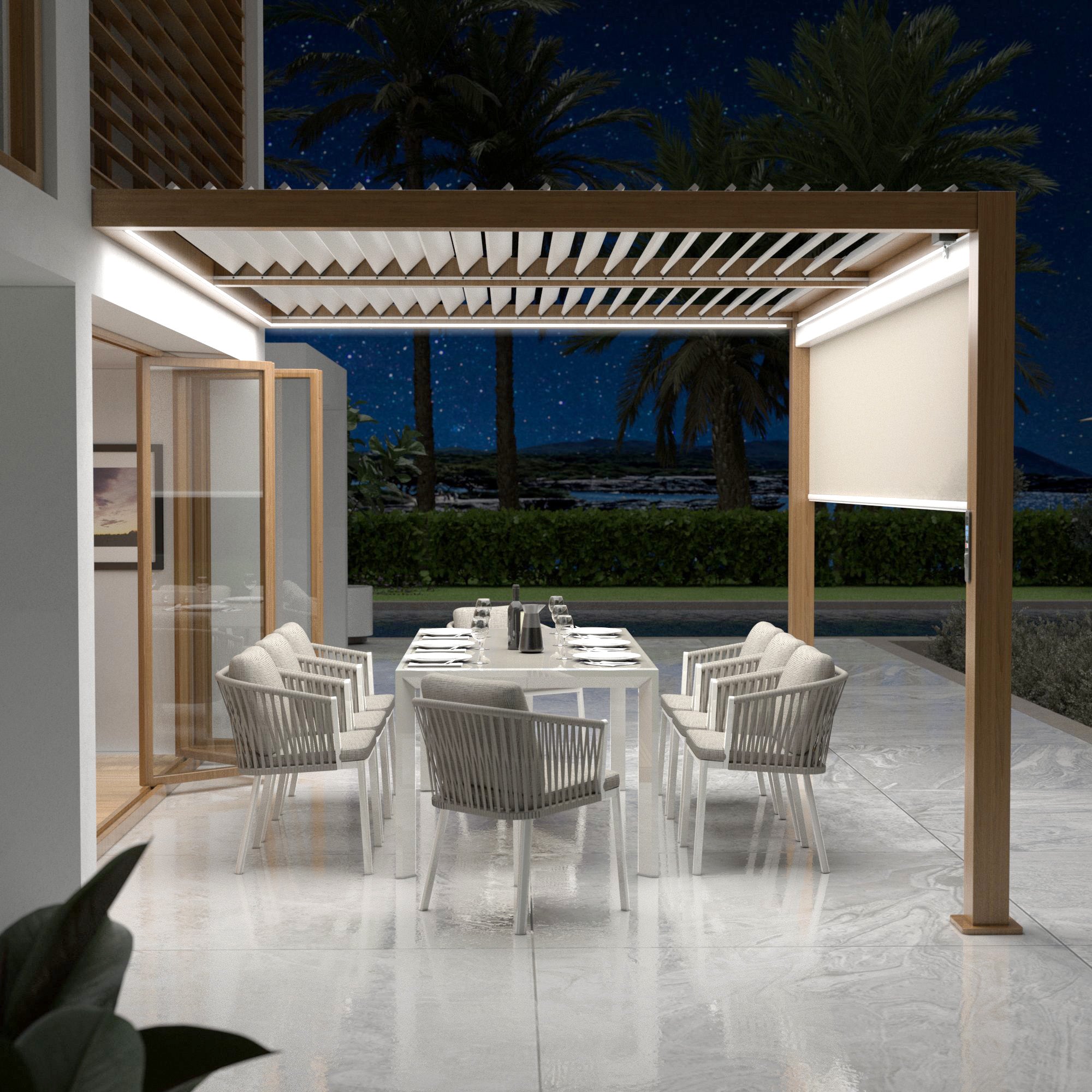 Pergola bioclimatique motorisée et adossée avec LED 3x4m