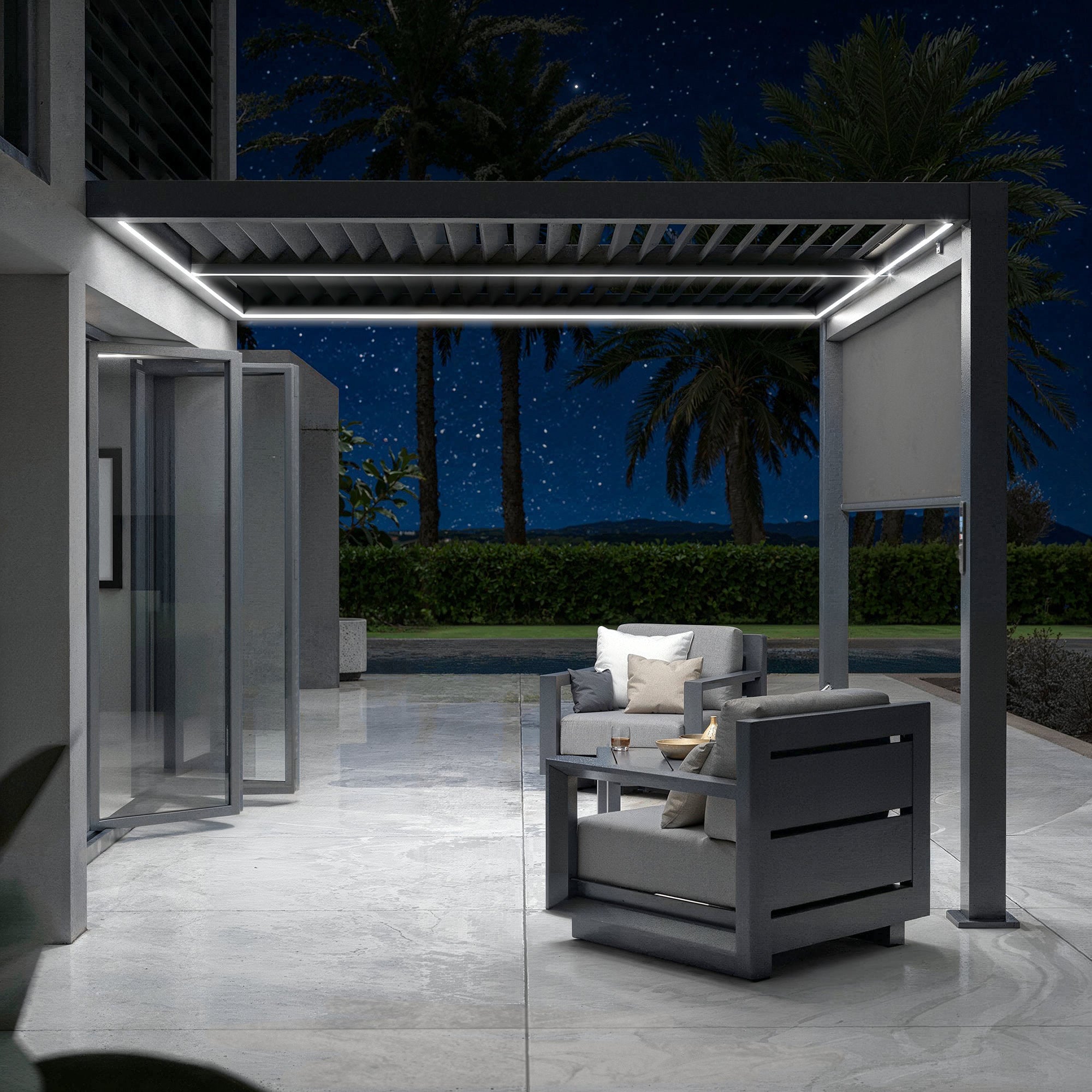 Pergola bioclimatique motorisée et adossée avec LED 3x3m