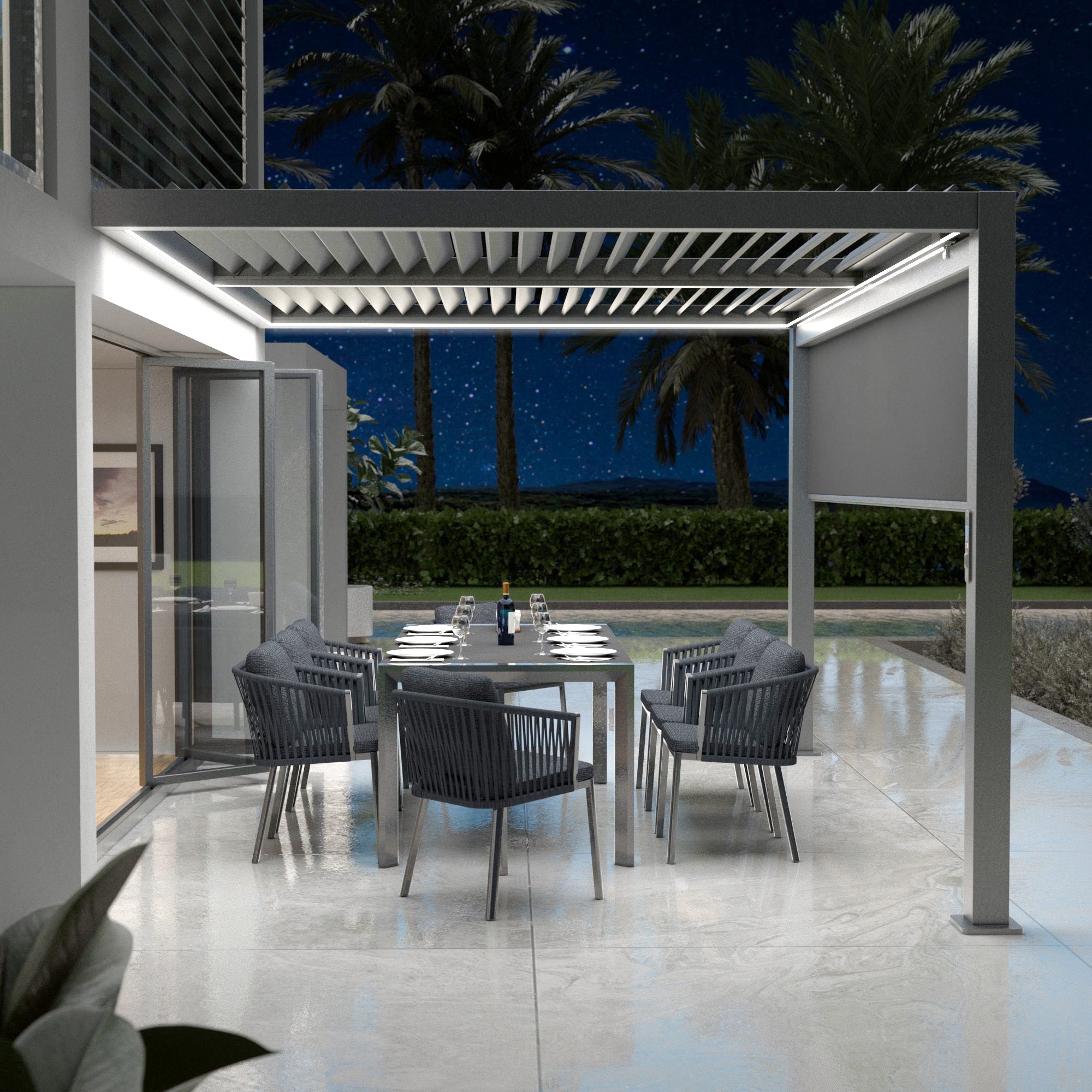 Pergola bioclimatique motorisée et adossée avec LED 3x4m