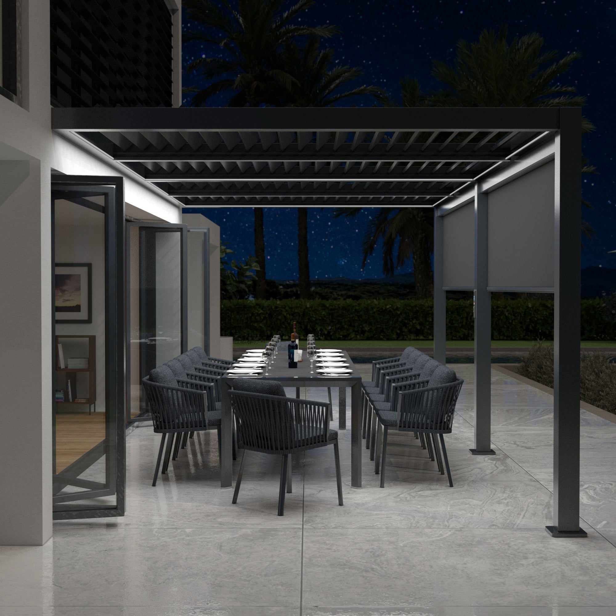 Pergola bioclimatique motorisée et adossée avec LED 3x6m